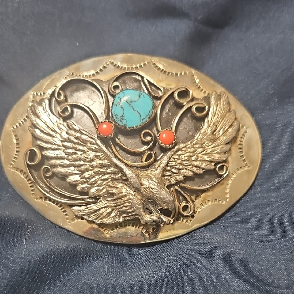 Silver Eagle Belt Buckle with Turquoise and Red Accents